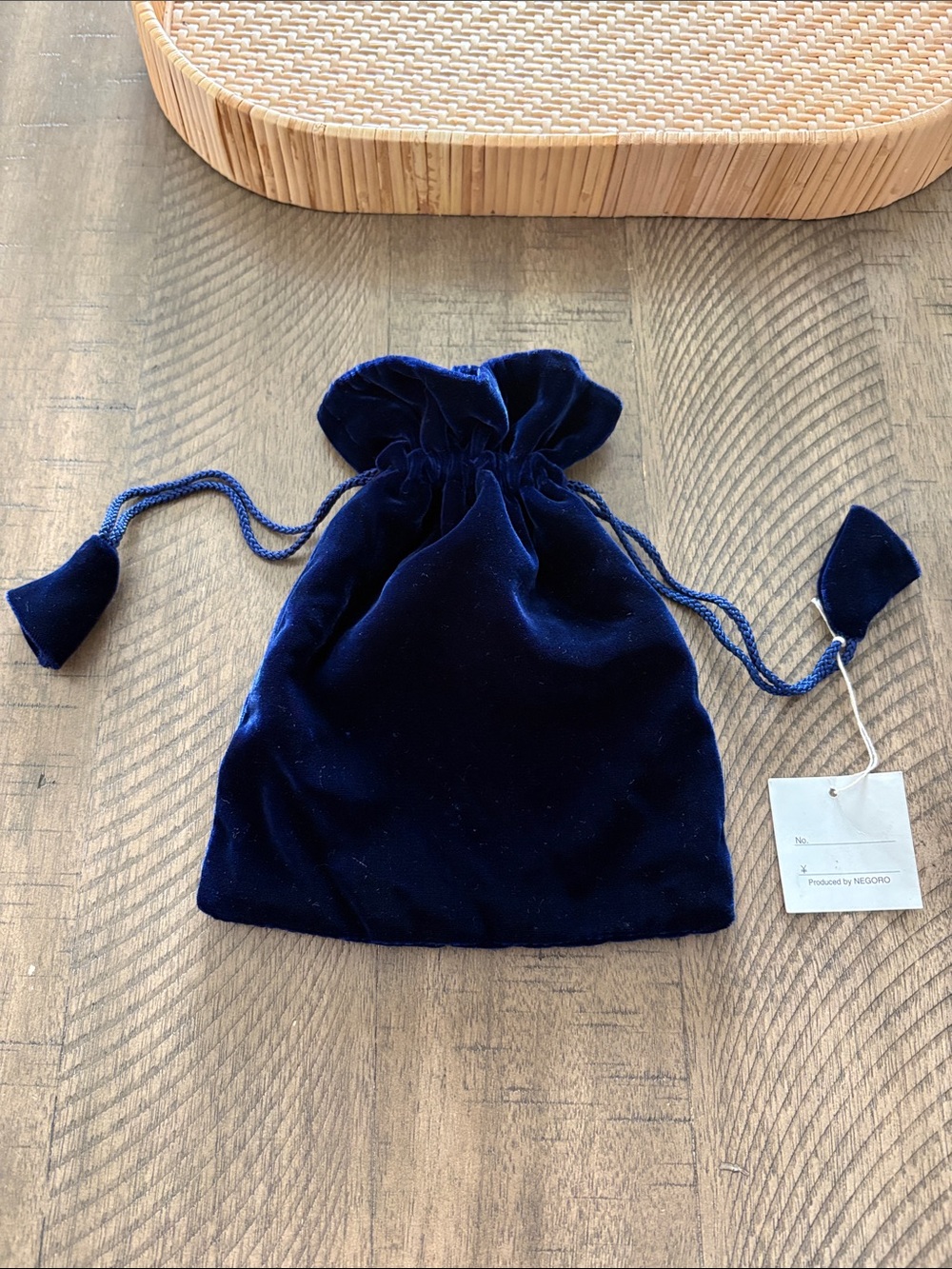 Navy Velvet Drawstring Cosmetic Pouch with Embroidered Floral Basket - Picture 2 of 5